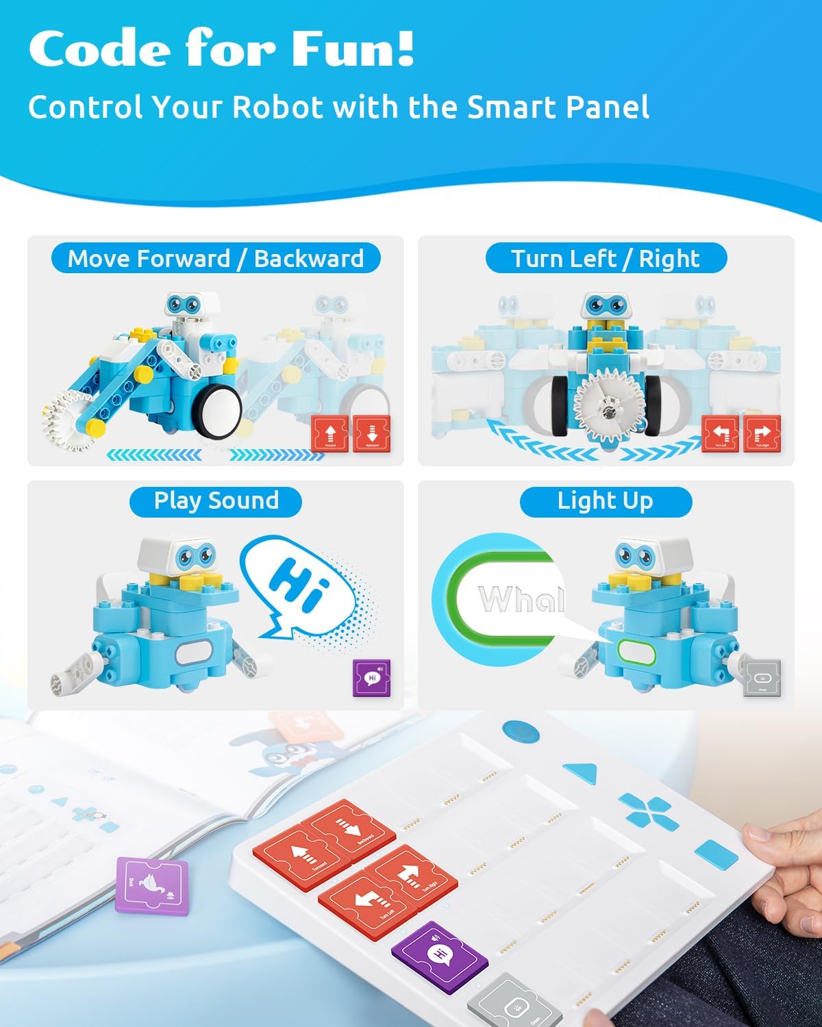 WhalesBot C3 Pro 12-in-1 Remote Control & Coding Robot Kit for Kids 4+, Advanced Smart Panel & Cards Programming, Educational STEM Toy, Block Building Set with Controller & Motor for Kids 4-6, 5-7