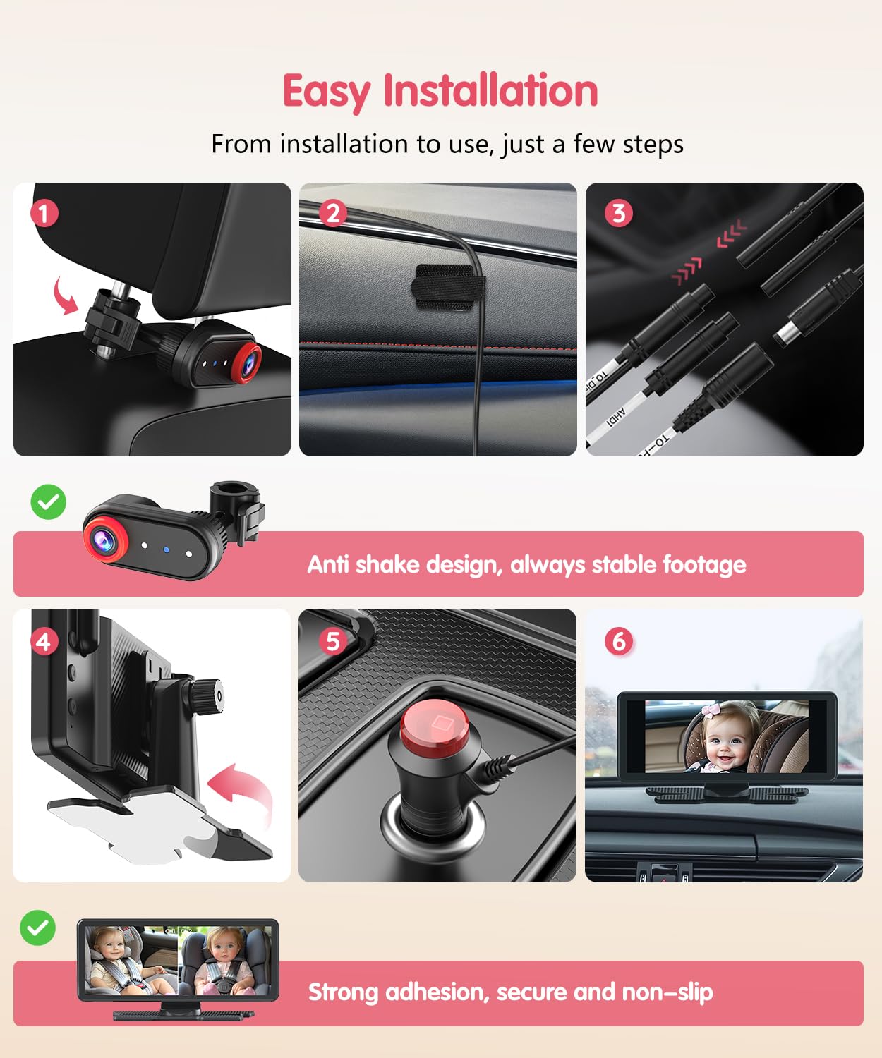 BM5PRO Double Car Camera for 2 Baby，7.2" 1080P Split Screen with IR Night Vision, Real-Time Monitoring Baby Car Camera,Easy Install, Family Travel Companion for Kids & Pets