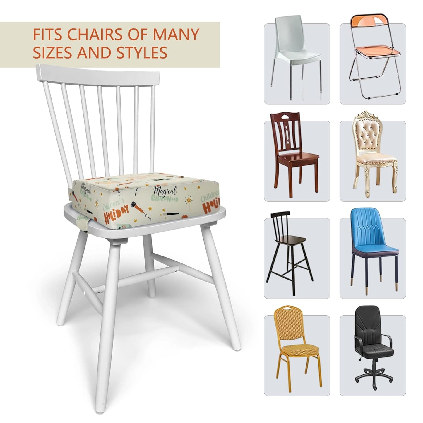 Toddler Booster Seat for Dining Table, Portable Booster Seat for Kitchen Chair, 4 Inch High-Density Foam Cushion with Adjustable Safety Straps and Non-Slip Bottom, Perfect for Kids Travel and Daily