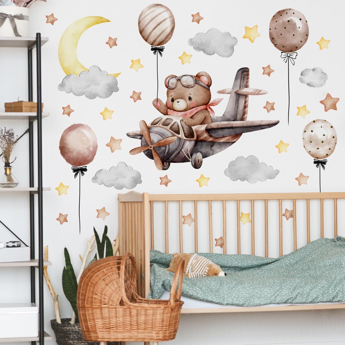 Runtoo Baby Bear Flying Plane Wall Decal Moon and Stars Sweet Dream Animal Wall Stickers Baby Nursery Kids Bedroom Home Decor