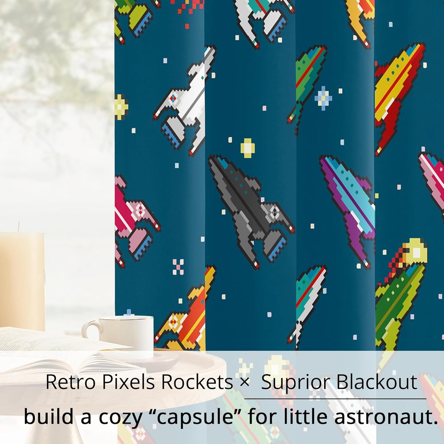 Pixel Rocket Kids Blackout Curtains - 100% Blackout, Thermal Insulated, Noise Reducing, Perfect for Kids Room and Nursery, 2 Panels (Pixel Rocket Fleet, W52×L84)