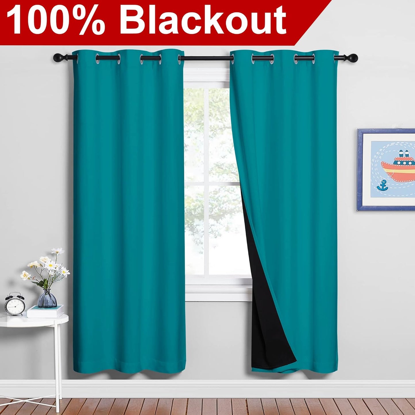 NICETOWN 100% Blackout Window Curtain Panels, Full Light Blocking Drapes with Black Liner for Nursery, 72-inch Drop Thermal Insulated Draperies (Peacock Teal, 2 Pieces, 42-inch Wide Per Panel)
