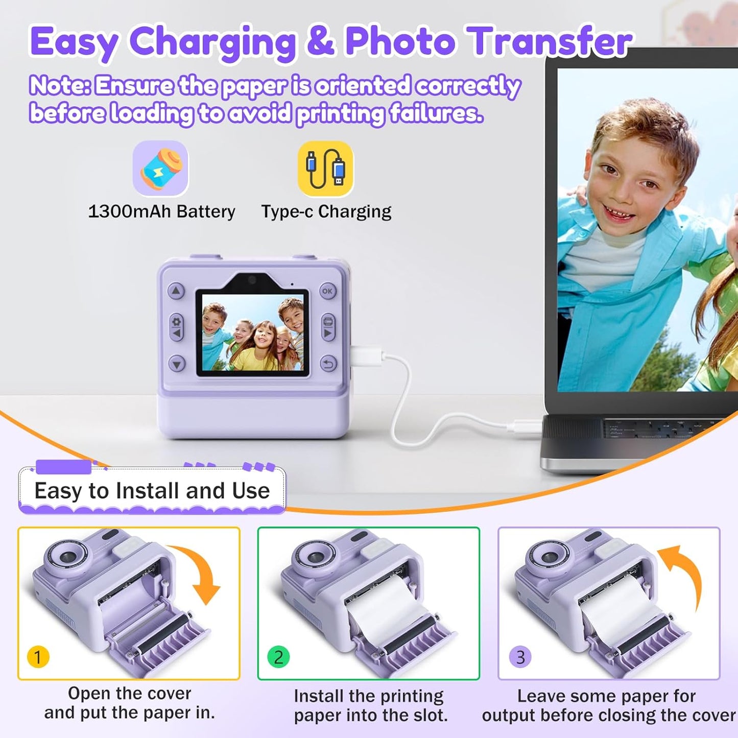 Instant Camera, Instant Print Camera for Kids with 1080P Videos, Front Rear Dual Selfie, 3 Rolls Print Paper & 32GB SD Cards, Christmas Birthday Gifts for Girls Age 3-12