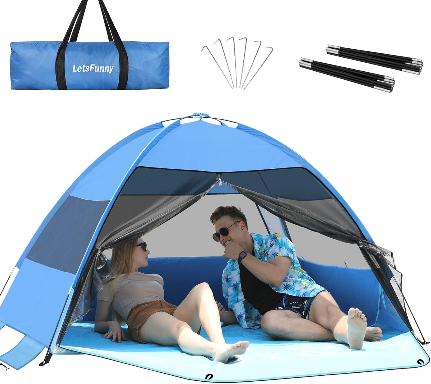 Large Easy Setup Beach Tent,Anti-UV Beach Shade Beach Canopy Tent Sun Shade with Extended Floor & 3 Mesh Roll Up Windows Fits 3-4 Person,Portable Shade Tent for Outdoor Camping Fishing (Blue)