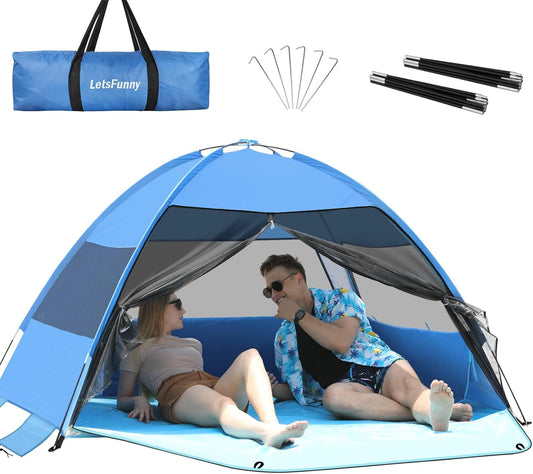 Large Easy Setup Beach Tent,Anti-UV Beach Shade Beach Canopy Tent Sun Shade with Extended Floor & 3 Mesh Roll Up Windows Fits 3-4 Person,Portable Shade Tent for Outdoor Camping Fishing (Blue)