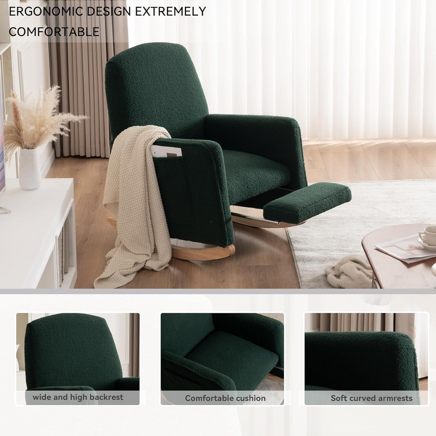 FOXHUNTER Rocking Chair Nursery with Adjustable Footrest and High Backrest, Upholstered Glider Chairs with Side Pockets for Nursery, Rocker Armchair Indoor for Living Room,Green