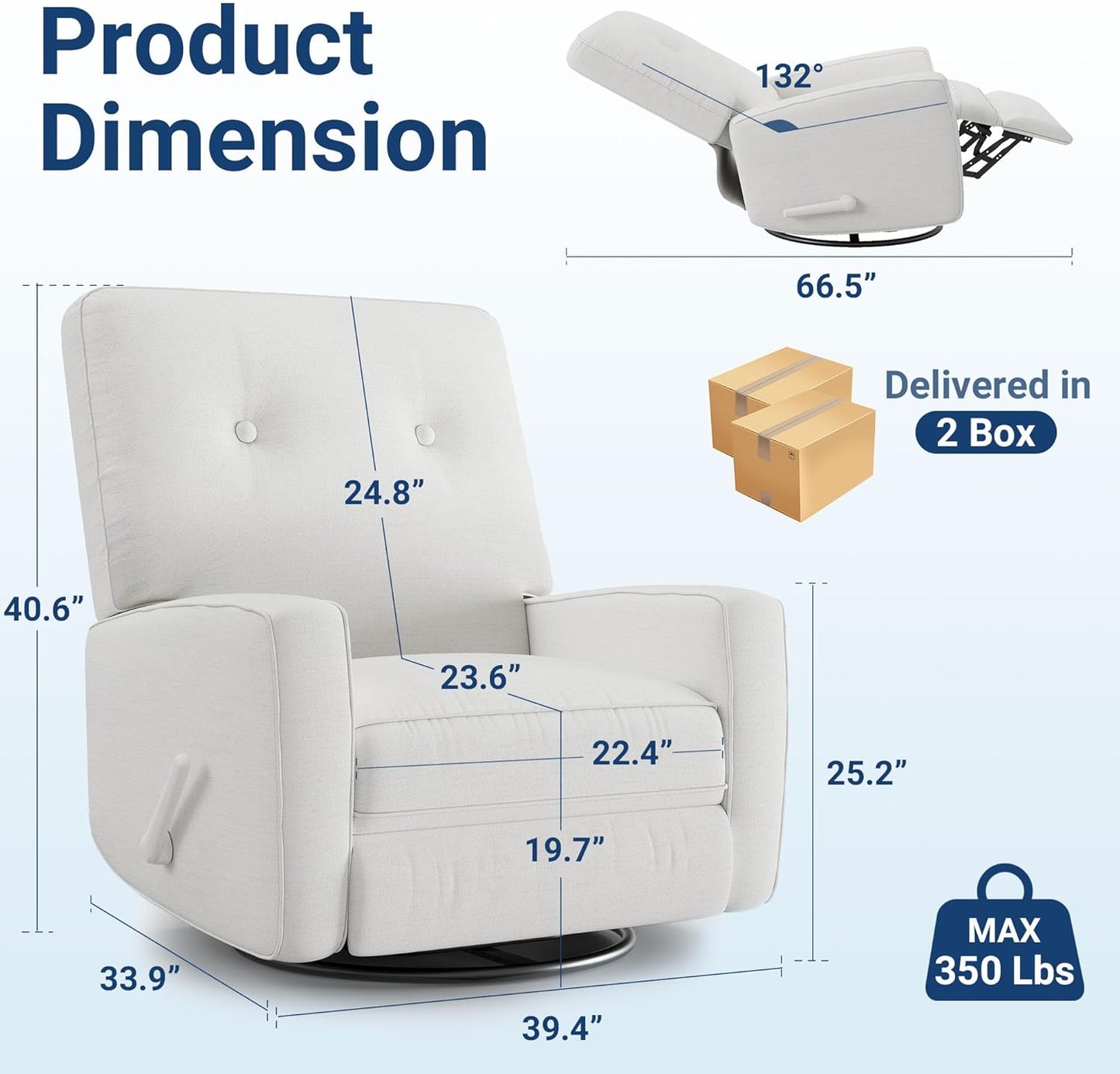 Oversized Recliner Chairs, Swivel Rocker Recline, Glider Recliner Nursery Chair, Recliner Chair for Adults, 360°Swivel Glider Rocking Chair for Living Room, Bedroom, Office, RV, Linen, White