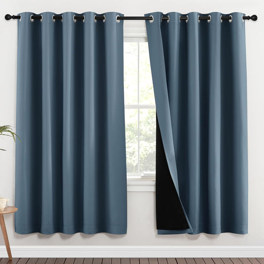 NICETOWN 100% Blackout Window Curtain Panels, Smoky Blue, 2 Pieces, 62-inch Wide Per Panel, Full Light Blocking Drapes with Black Liner for Nursery, 72-inch Drop Thermal Insulated Draperies