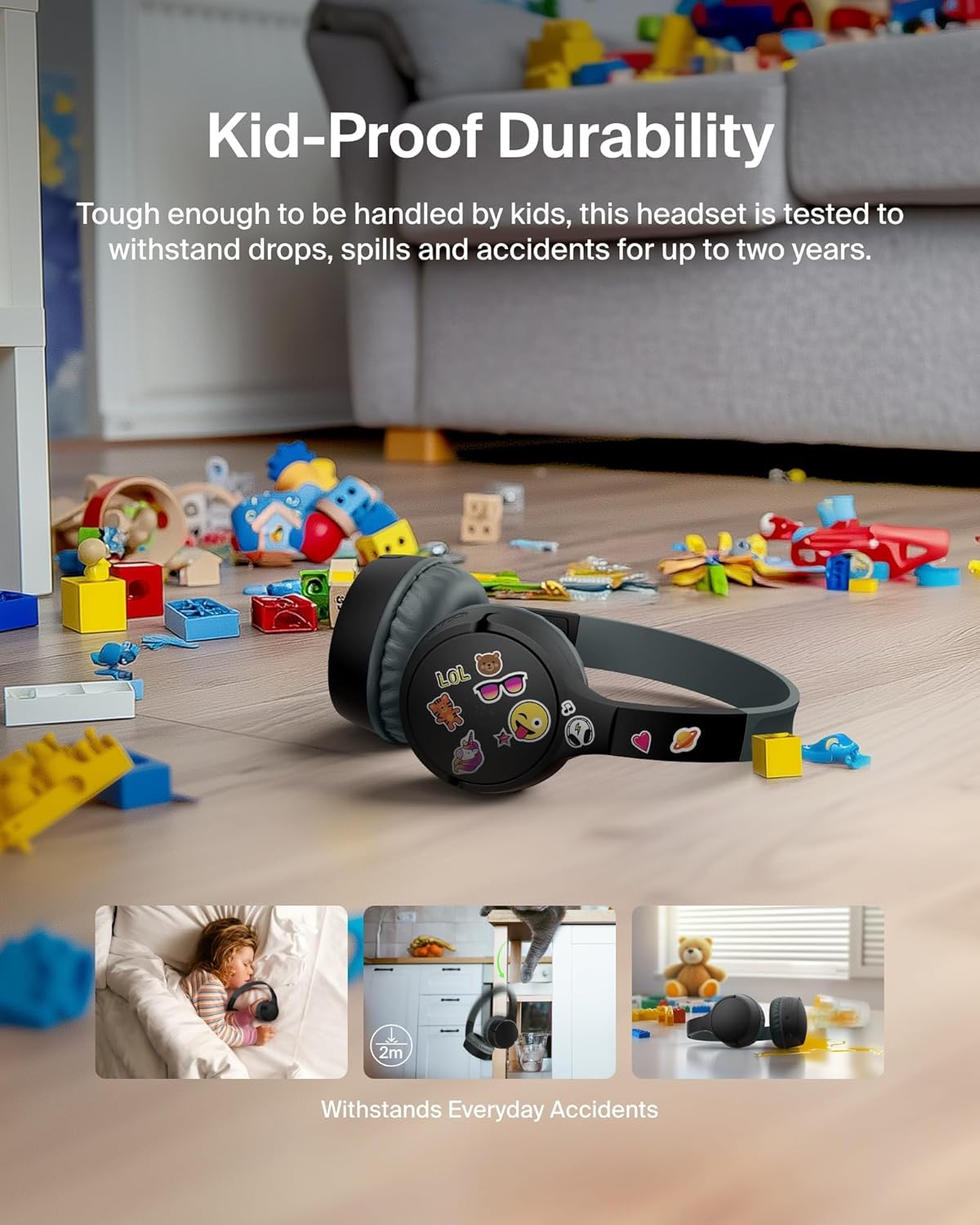 Belkin SoundForm Mini Kids Wireless Headphones w/Built-in Microphone, 30H of Playback Time, Fun Stickers, & Case - Over-Ear Headsets for Online Learning, School, iPhone, iPad, Galaxy, & More - Black