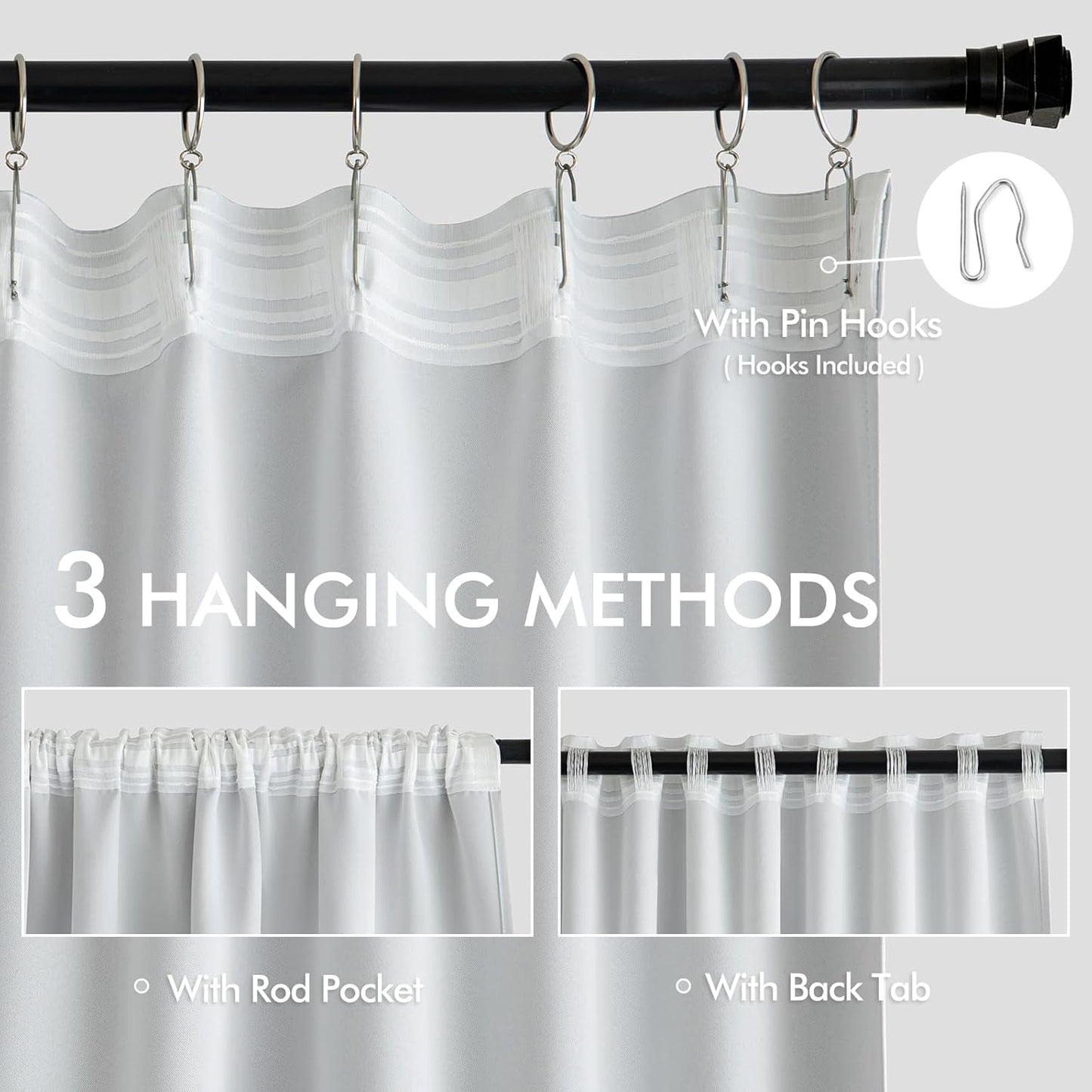 MIULEE Greyish White Back Tab Blackout Curtains 63 Inches Long 2 Panels Set for Living Room Bedroom Privacy, Rod Pocket/Pinch Pleat Thermal Insulated Room Darkening Pleated Light Blocking Drapes