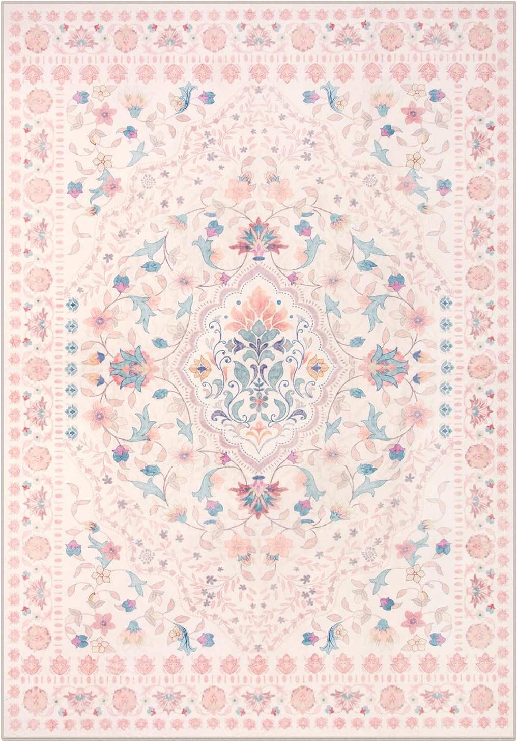 Wonnitar Boho Floral 8x10 Pink Area Rug, Washable Kids Rugs for Bedroom, Large Ultra-Thin Soft Non Slip Carpet for Nursery Living Room Playroom Classroom, Pastel Pink