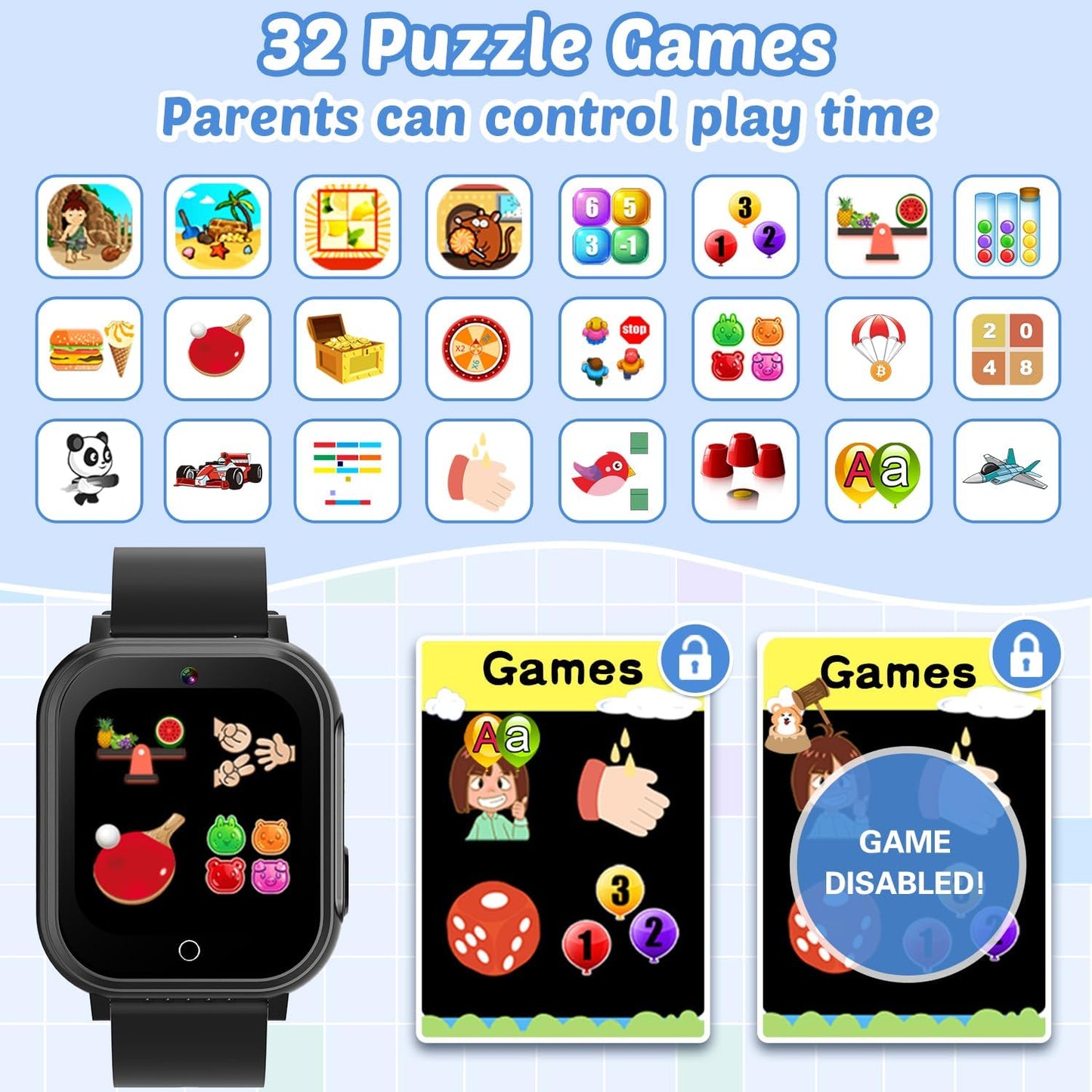 Waterproof Smart Watch for Kids with 32 Games Dual Camera Video Habit Tracking Music Player Pedometer Screen Protectors Lanyard, HD Touchscreen Kids Smart Watch Toy Birthday Gift for 3-12 Year Old