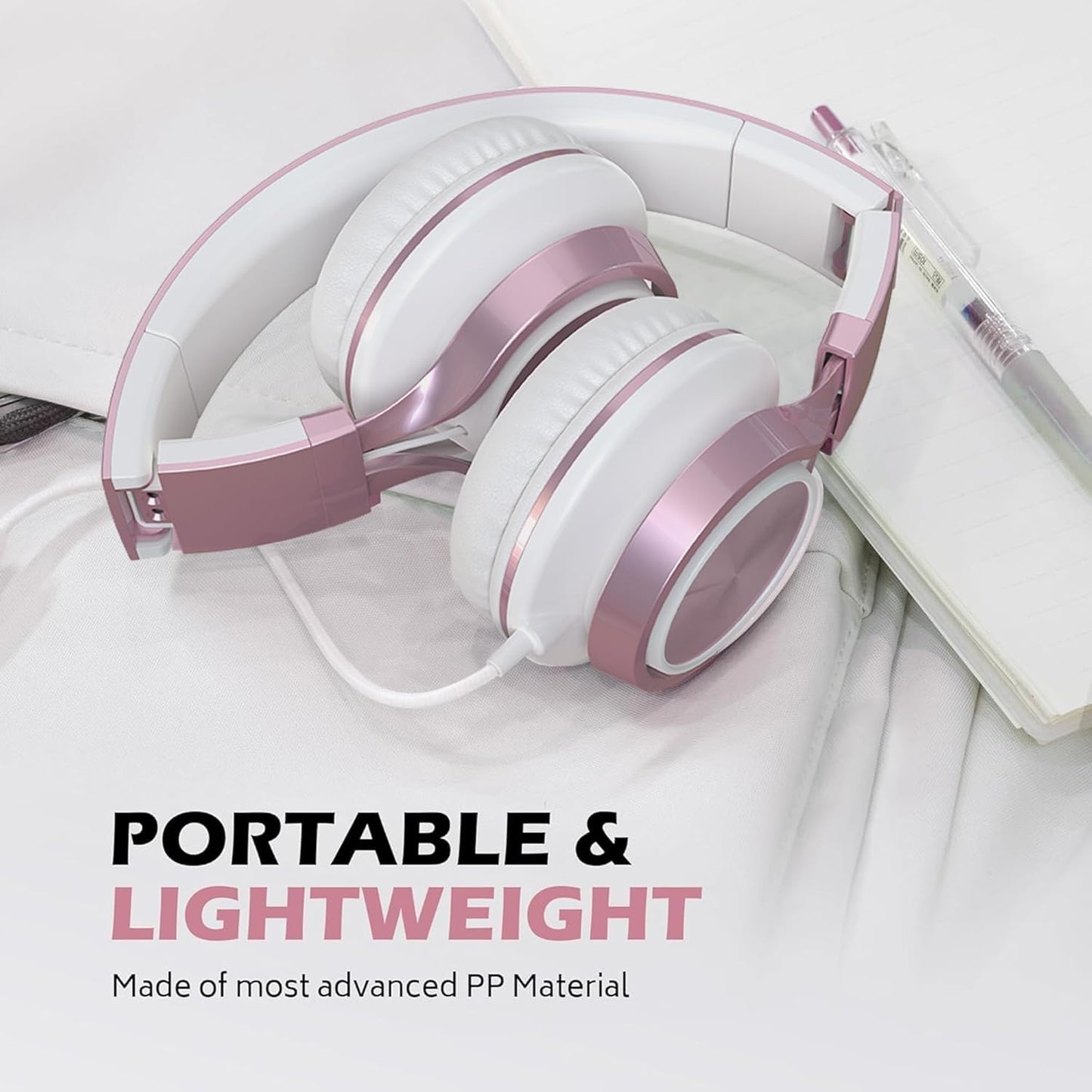 AILIHEN C8 Girls Headphones, On-Ear Headphones Wired with Microphone and Volume Control Foldable Corded Stereo 3.5mm Headset for Girls School Chromebook Laptop Computer PC Tablets Travel (Rose Gold)