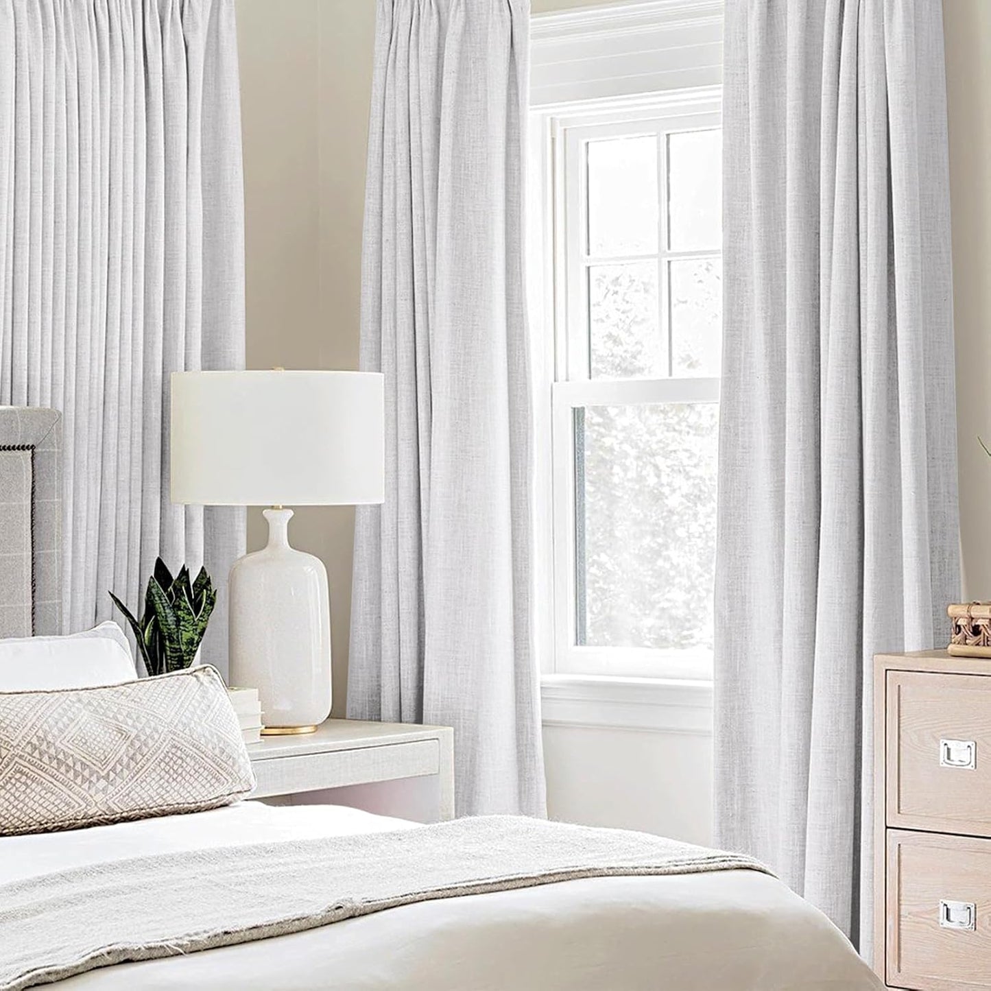 MIULEE Linen Texture 90 Inches Curtains for Bedroom 100% Blackout Thermal Insulated Grayish White Grommet Darkening Curtains for Living Room Nursery 52x90 Inch (2 Panels)