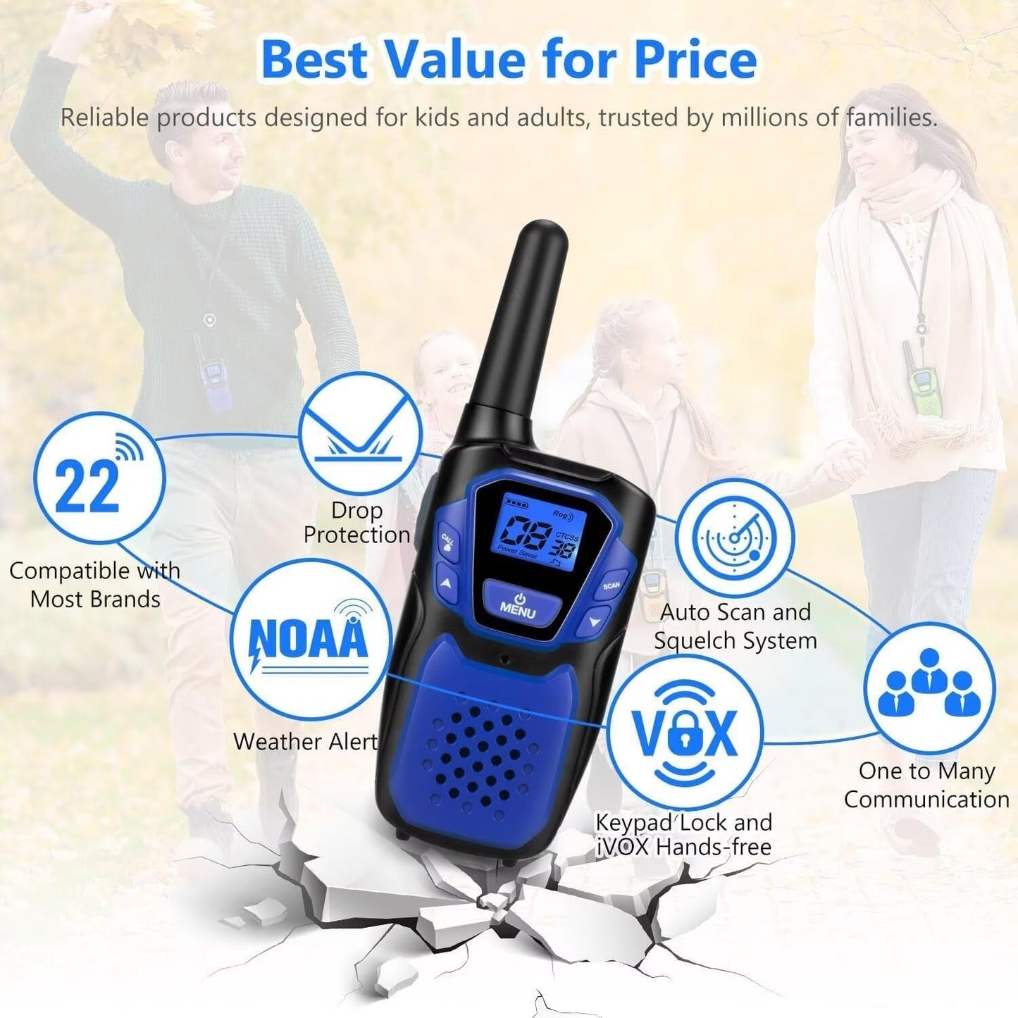Walkie-Talkies for Kids Rechargeable Walkie Talkie for Adults Long Range FRS 2 Way Radio 3 Pack with Lanyard Battery 4 Miles NOAA USB, Family Toys for 3-12 Year Old Girls Boys Toddlers Camping