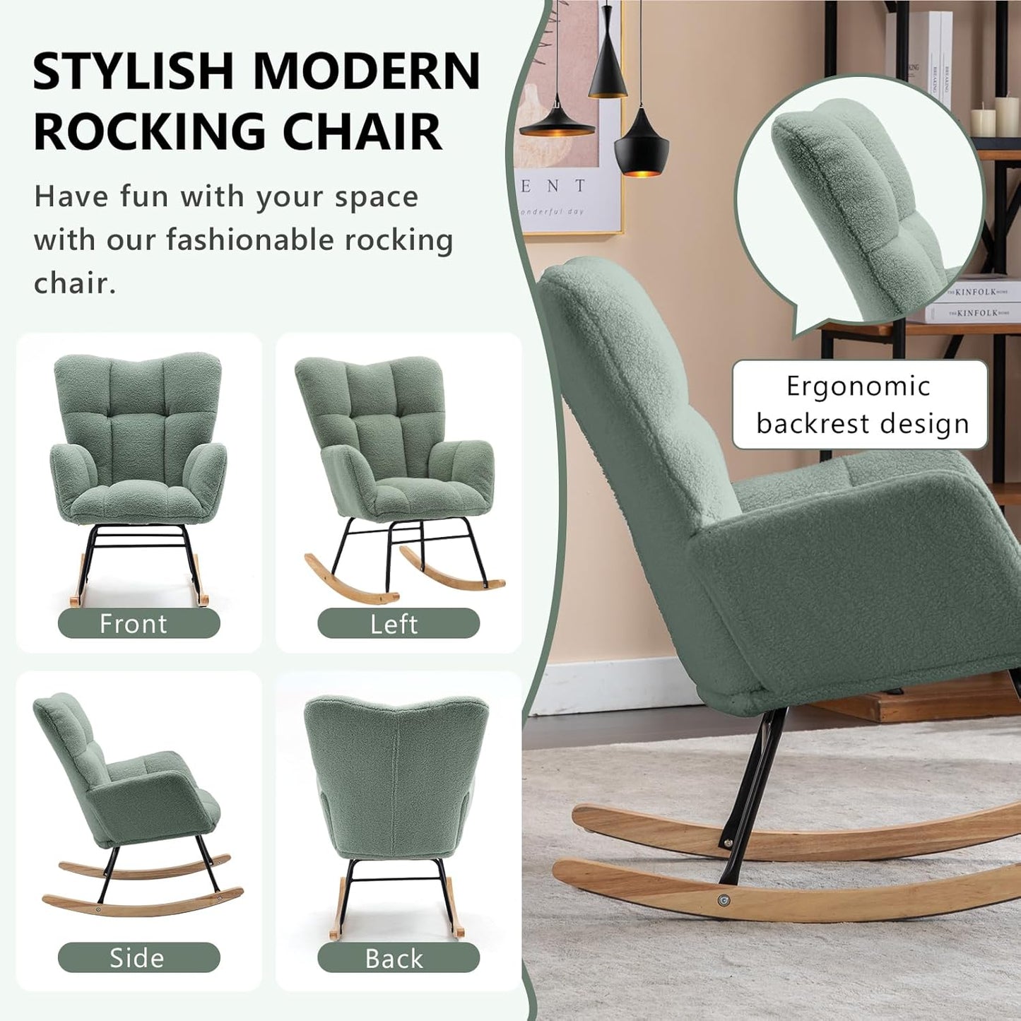 NIOIIKIT Nursery Rocking Chair Teddy Upholstered Glider Rocker Rocking Accent Chair Padded Seat with High Backrest Armchair Comfy Side Chair for Living Room Bedroom Offices (Olive Green)