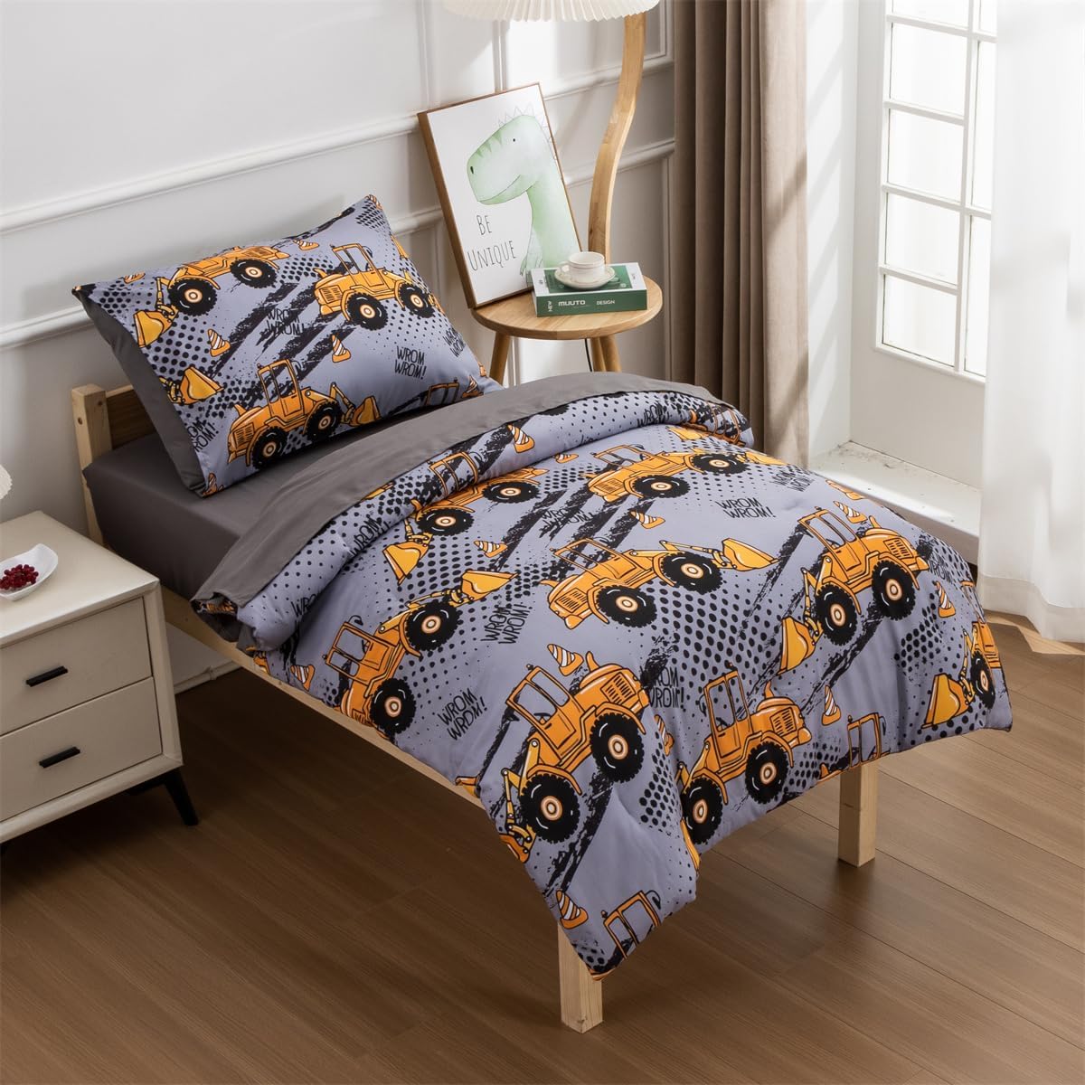NTBED 4 Pieces Construction Toddler Bedding Set for Baby Boys, Excavator Truck Vehicles Cars Printed, Includes Comforter, Flat Sheet, Fitted Sheet and Pillowcase,Grey