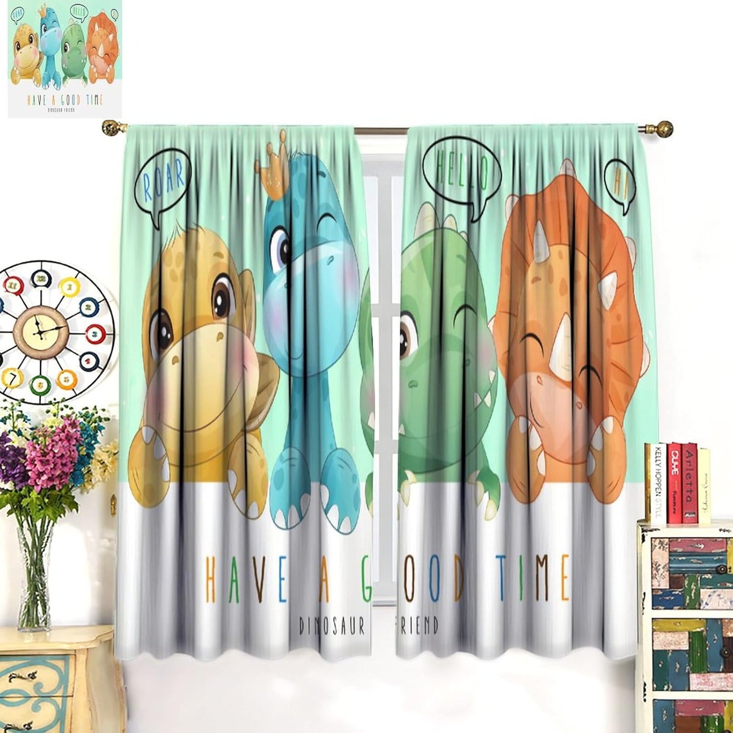 Kids Dinosaur Curtains for Boys Girls Bedroom Decor Cartoon Dino Colorful Cute Funny Animal Printed Blackout Rod Pocket Window Drapes for Baby Nursery Playroom Living Room W31.5xL72in 2 Panels