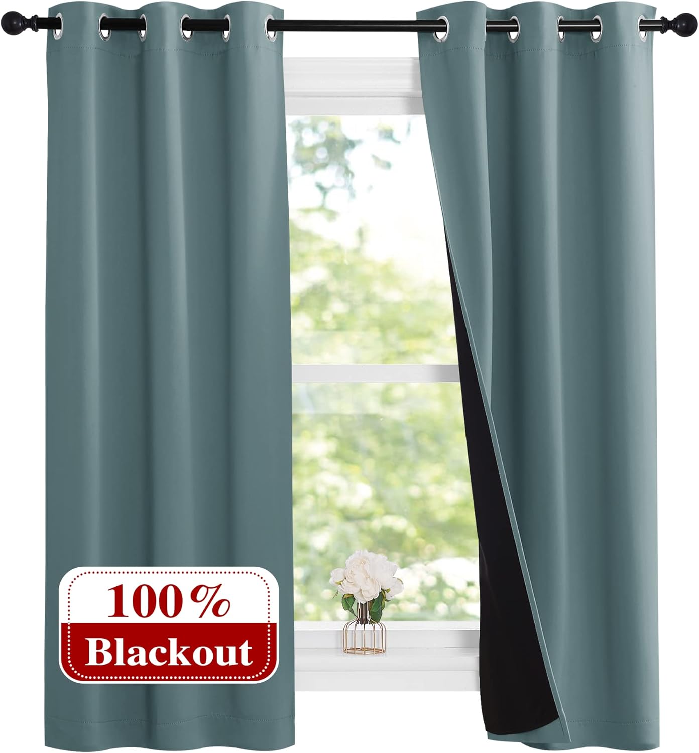 NICETOWN Aqua 100% Blackout Lined Curtains, 2 Thick Layers Narrow Wide Window Treatment Panels Thermal Insulated Drapes for Kitchen Small Window (1 Pair, 37" Width x 63" Length Each Panel)