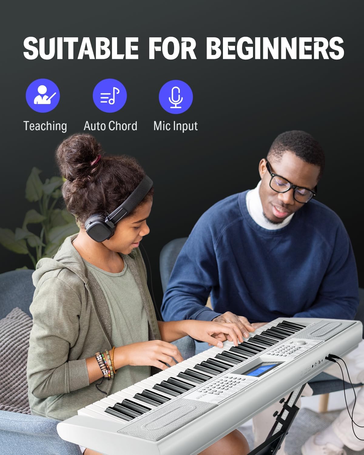 Donner Keyboard Piano 61 Key, Electric Keyboard Kit with 249 Voices, 249 Rhythms - Includes Piano Stand, Stool, Microphone, Gift for Beginners, White(DEK-610S)