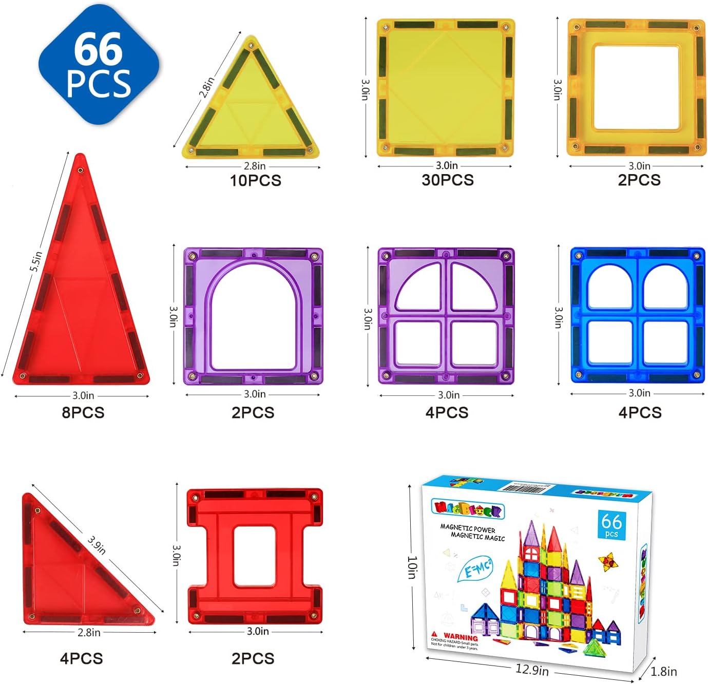 MAGBLOCK Magnetic Tiles for Kids, 66PCS Magnet Tiles Building Blocks Construction Toys Incorporating Magnets for Toddlers, Magnetic Blocks Learning Toys Gift for 3+ Year Old Boys and Girls