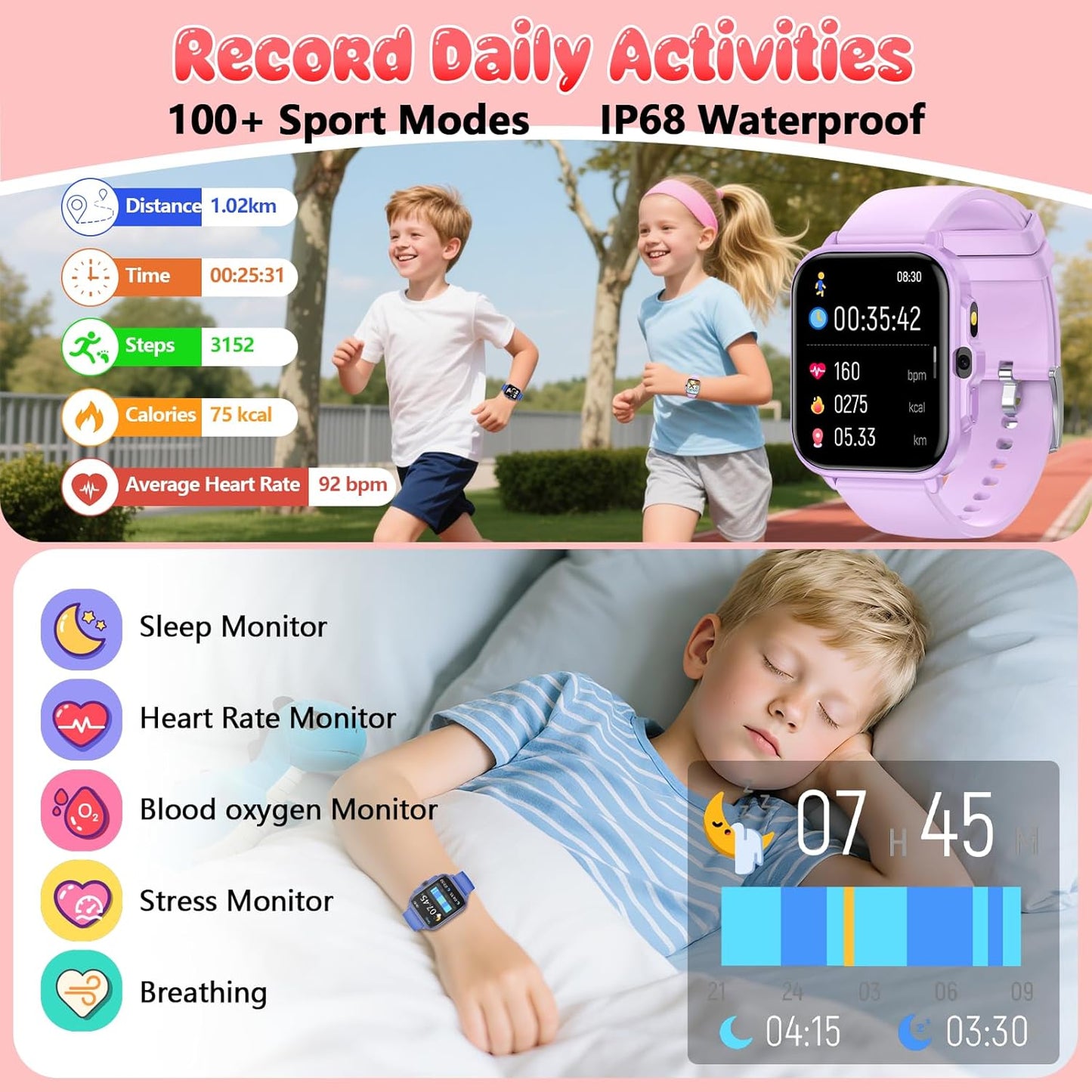 Smart Watch for Kids, 1.85" Fitness Tracker Pedometer Watch, Health, Sleep Monitor, Puzzle Games, Alarm Clock, Camera, Music Player, Torchlight, Activity, Gift Toys for 4 - 13 Years Old Boys and Girls