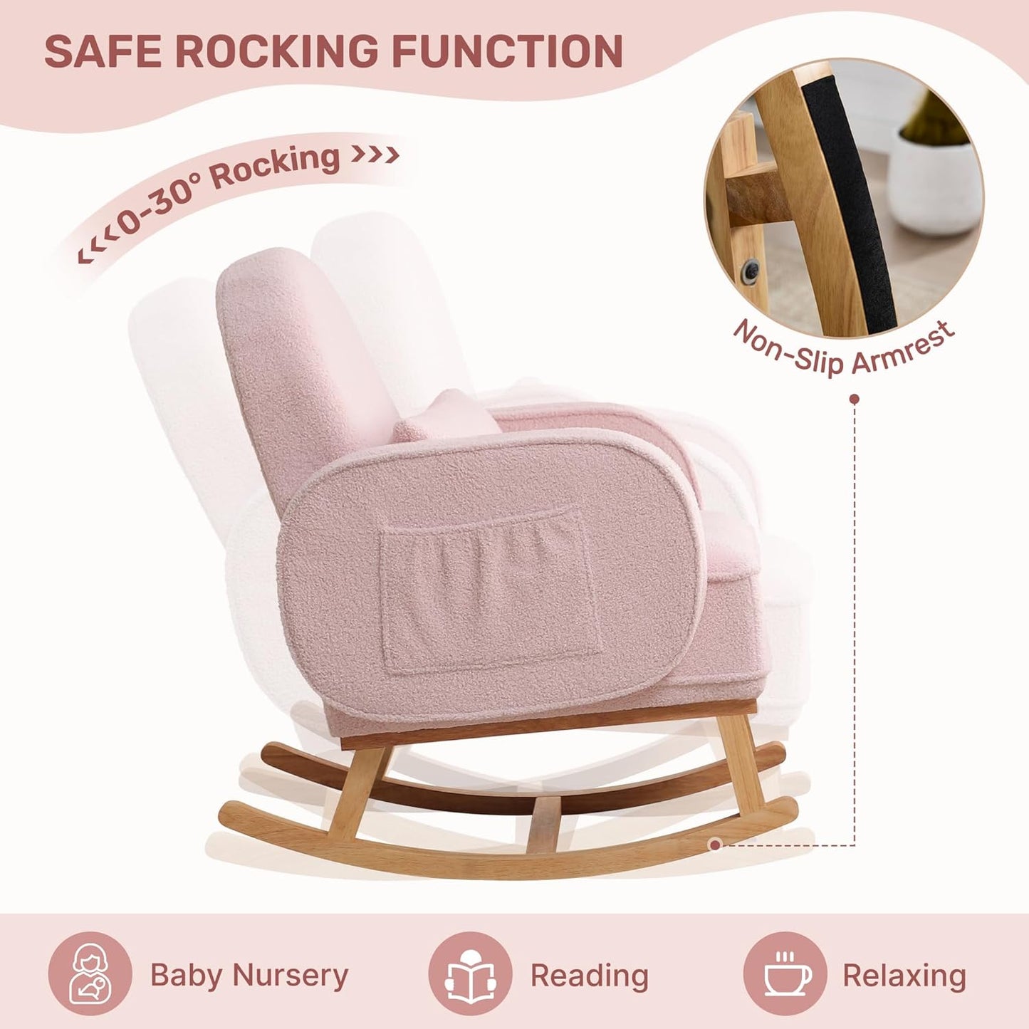 Rocking Chair Nursery with Ottoman, Upholstered Glider Rocker with High Backrest and Side Pocket, Rocking Accent Armchair with Solid Wood Legs for Nursery/Living Room/Bedroom Pink