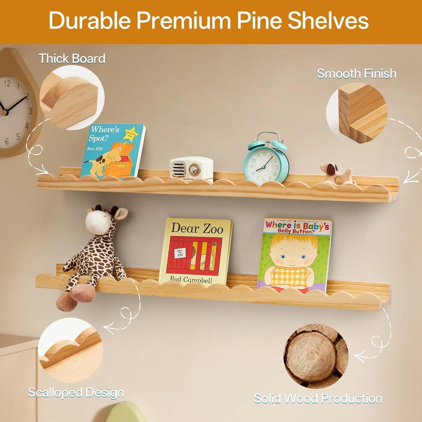 Scalloped Baby Book Shelf,Floating Shelves for Wall Set of 4 Natural Solid Pine Wood Nursery Bookshelves with Wave Lip for Bedroom Kids, Toddler Room, Baby Room, Nursery Decor(Natural,60cm)