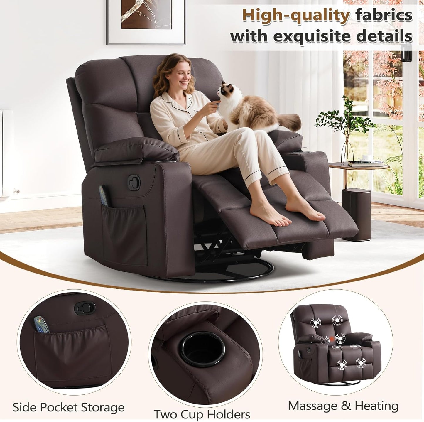 ANJ Swivel Rocker Recliner Chair Set of 2, Brown PU Leather, Manual 3-Position Reclining with Massage & Heat, Cup Holders for Living Room
