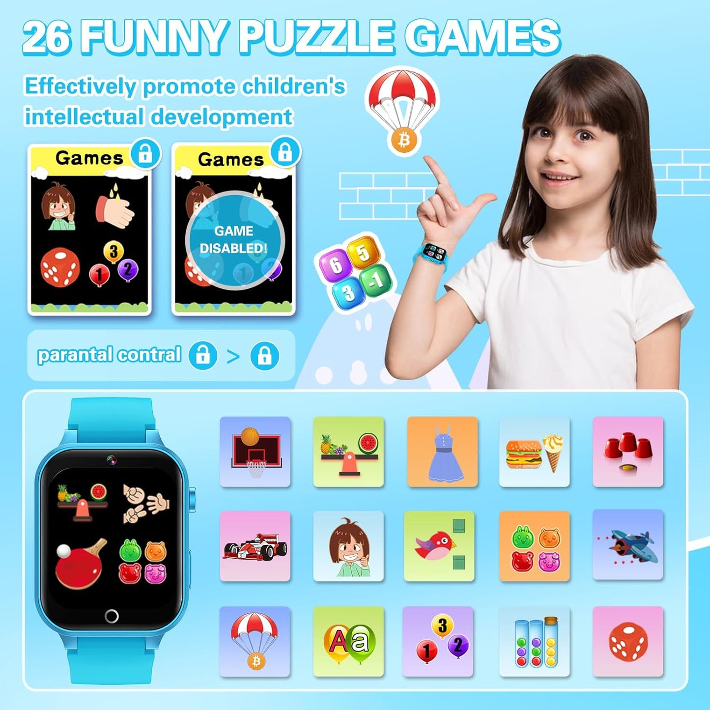 Vakzovy Kids Smart Watch Boys Aged 5-12, HD Touchscreen Kids Watch with 26 Games Video Camera Music Pedometer Audiostory Learn Card Educational Toys Birthday Gifts for Girls Ages 5 6 7 8 9