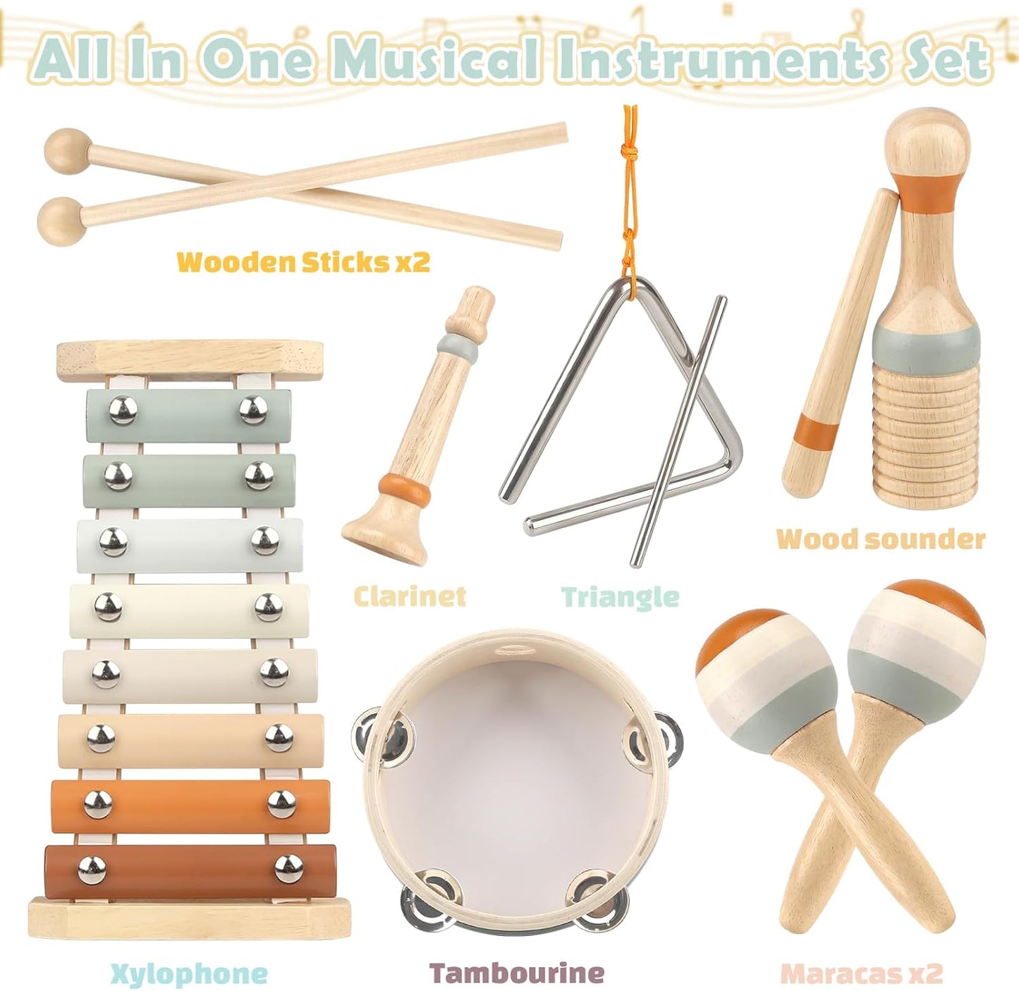 Vanplay Montessori Toys - 6 in 1 Wooden Musical Instruments for Toddlers 1-3, Infant Music Toy for Babies with Boho Xylophone for Boy & Girls Easter Birthday Gifts for 1-2