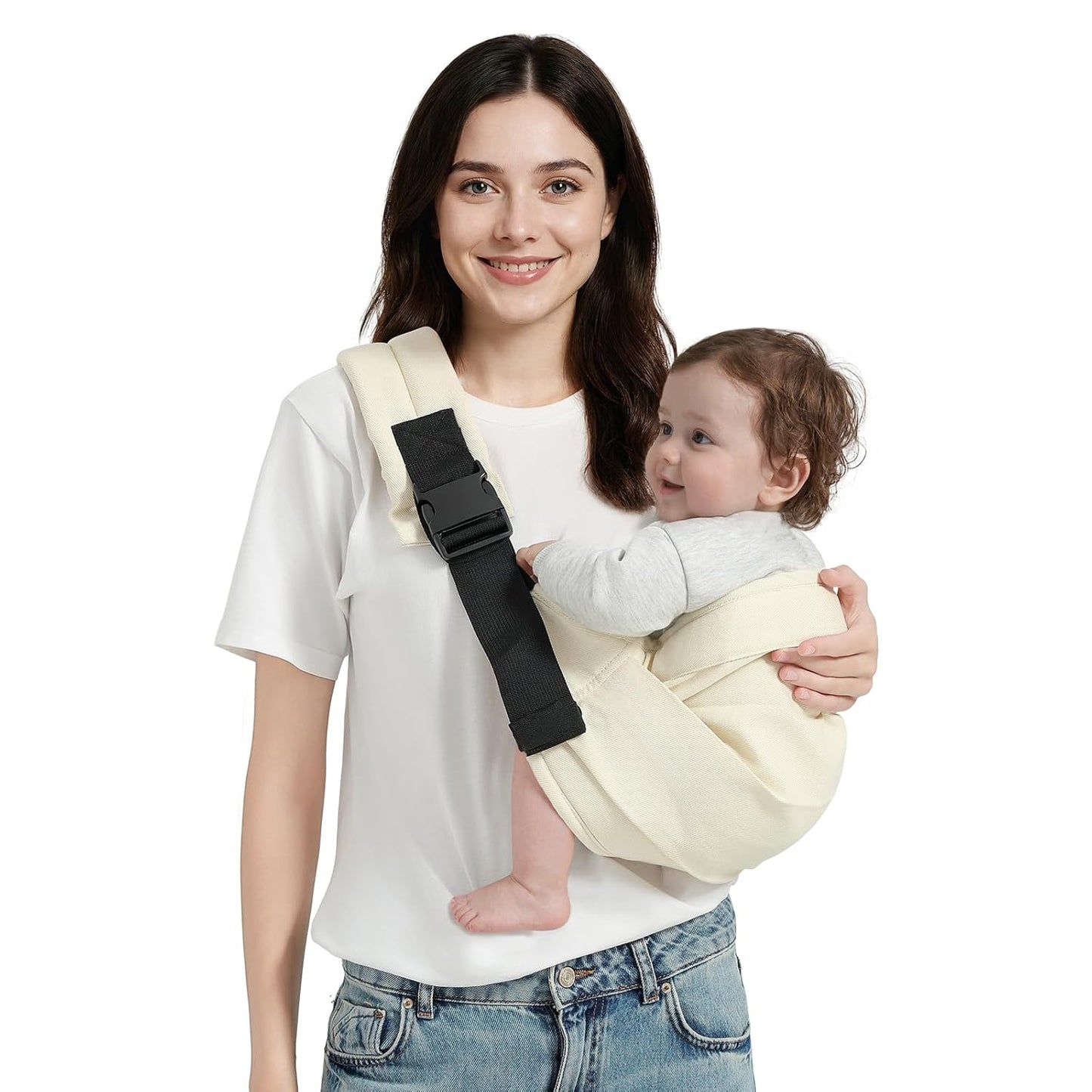 Baby Sling Carrier, Toddler Carrier Sling with Double Safety Buckle and Adjustable Shoulder Strap(7-30lbs), Baby Carriers One Size Fits All, Beige
