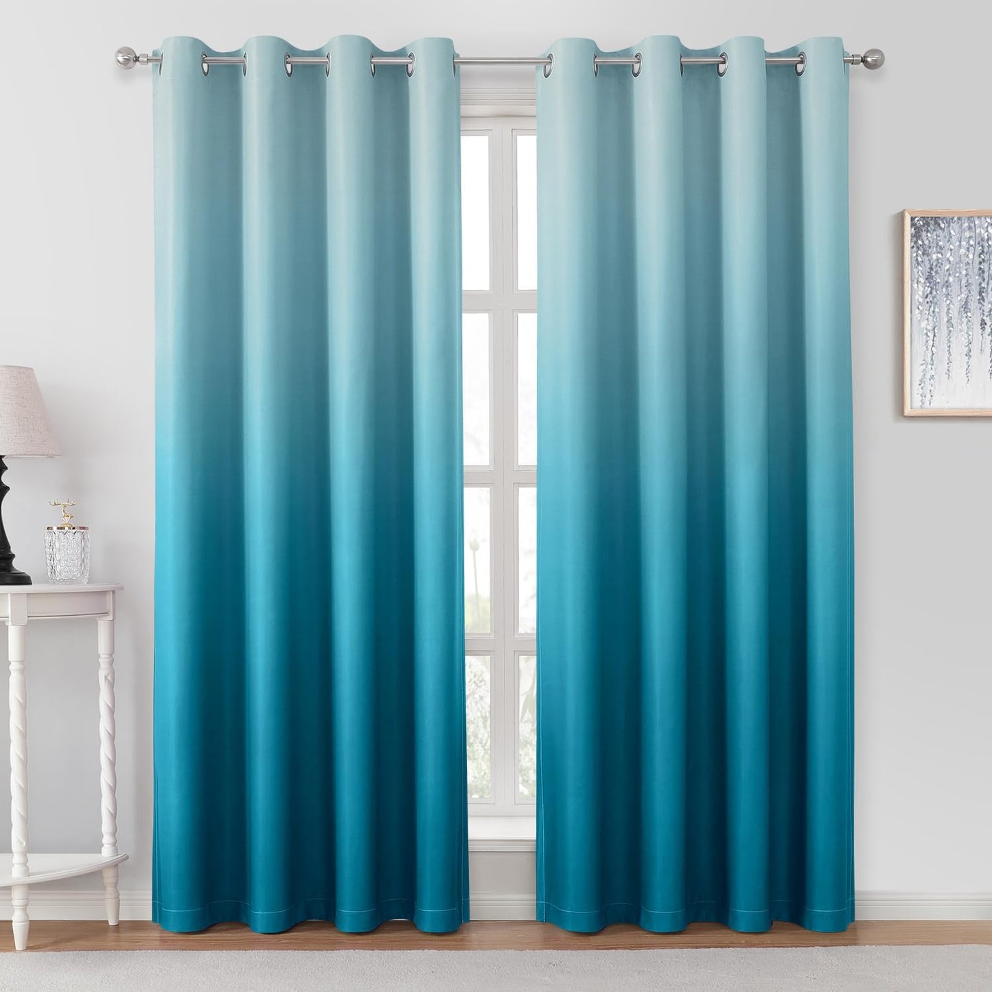 HOMEIDEAS Turquoise Ombre Blackout Curtains 52 X 84 Inch Length Gradient Room Darkening Thermal Insulated Energy Saving Grommet 2 Panels Window Drapes for Living Room, Bedroom