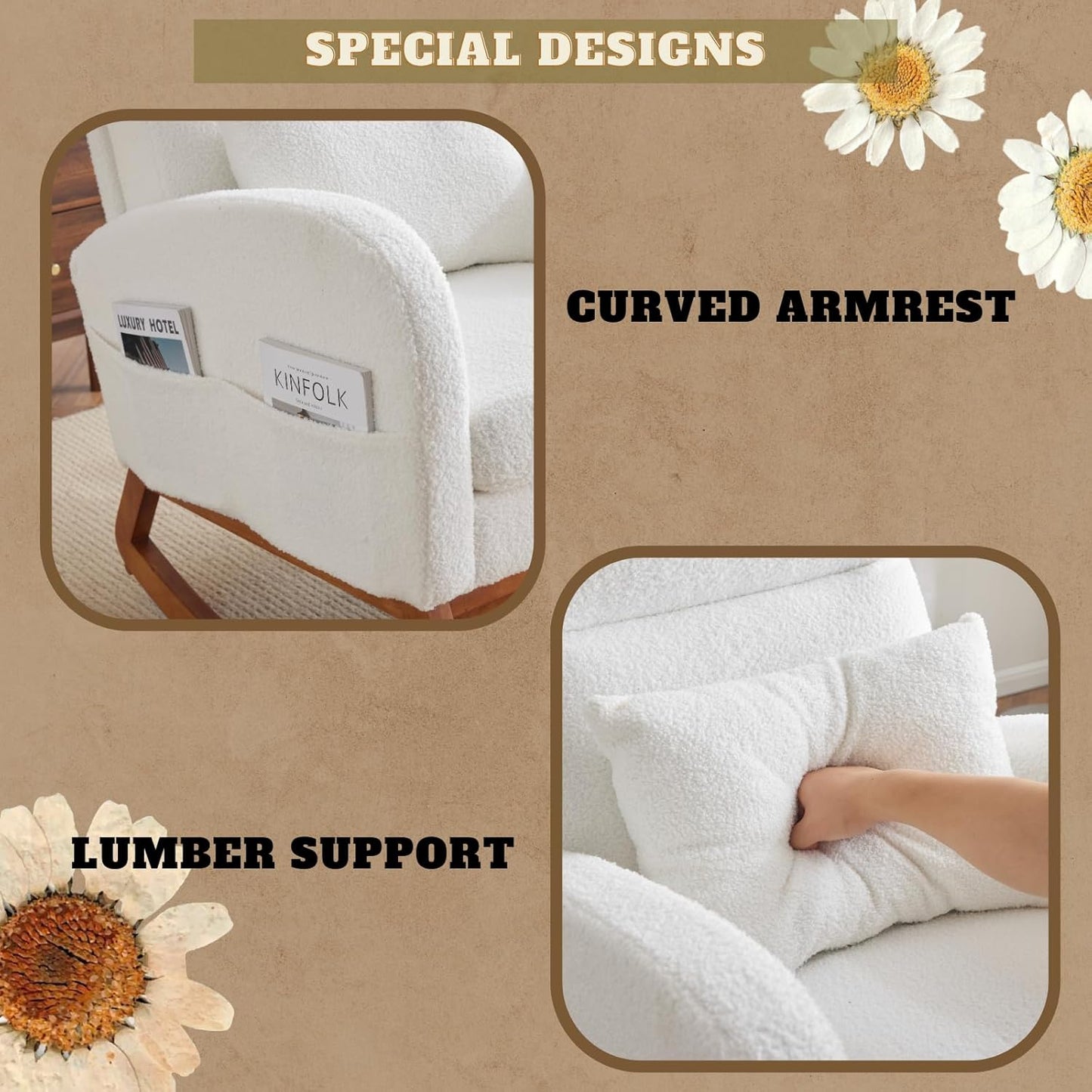 VINGLI White Teddy Fleece Rocking Chair Nursery with Thick Headrest, Upholstered Mid-century Modern Nursing Rocker Glider with Curved Armrest, Sturdy Solid Wood Base for Living Room,Bedroom, Baby Room