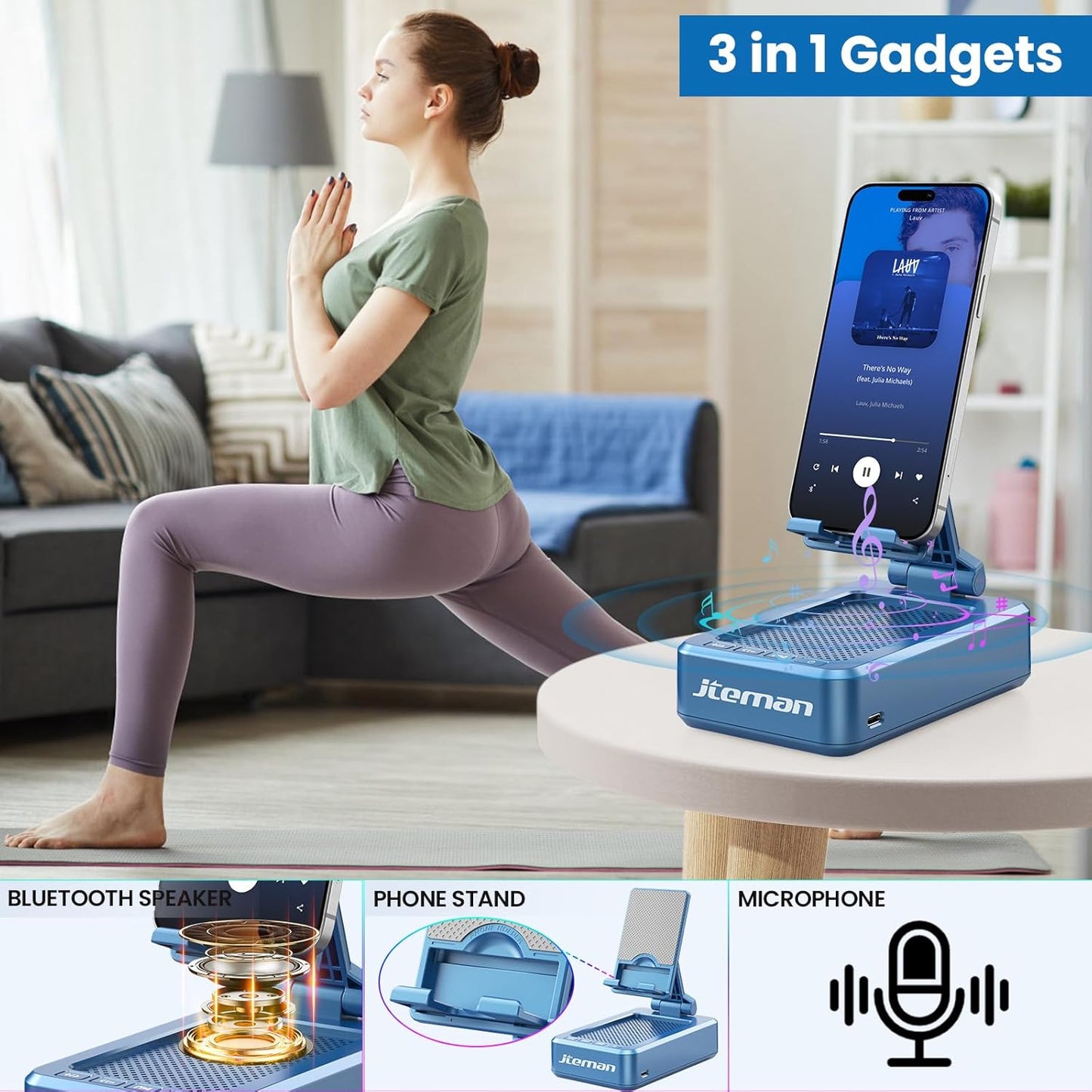 JTEMAN Phone Stand with Wireless Bluetooth Speaker, HD Surround Sound Bluetooth Speaker for Desk Perfect for Home Kitchen Gadgets Gifts,Compatible with iPhone/ipad/Samsung Galaxy(Blue)