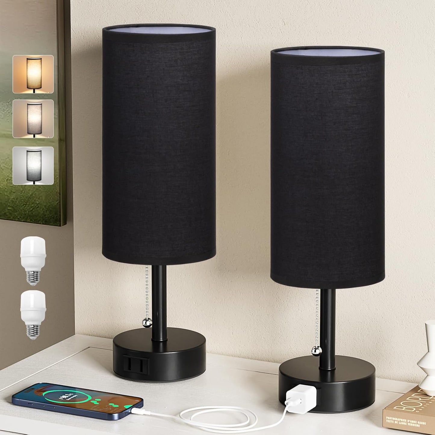 Black Bedside Table Lamps Set of 2-3 Color Temperatures Pull Chain Lamp with AC Outlet Charging Port, Round Night Stand Lamps for Bedroom Office, Small Bed Side Light with E26 LED Bulbs