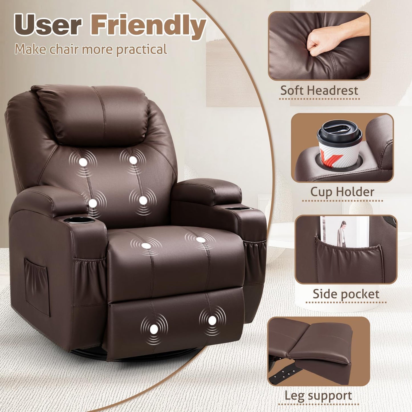 Recliner Chair, 360° Swivel Rocker Chair for Adults, Rocking Recliner Chair with Massage, Comfy Single Sofa with Side Pockets Cup Holders for Living Room, Bedroom, Nursery (Leather, Dark Brown)