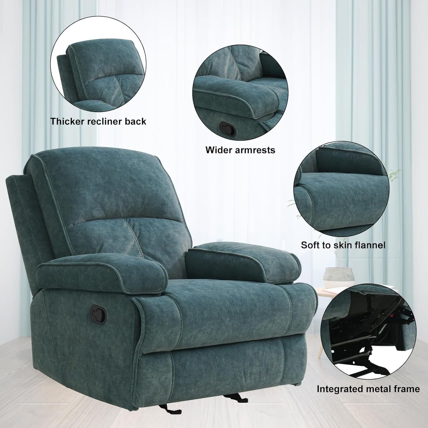 Rocker Recliner Chair for Adults, Manual Glider Chair for Nursery, Reclining Single Sofa Chair for Living Room, Upholstered Fabric Armchair, High Back, Deep Seat, Blue