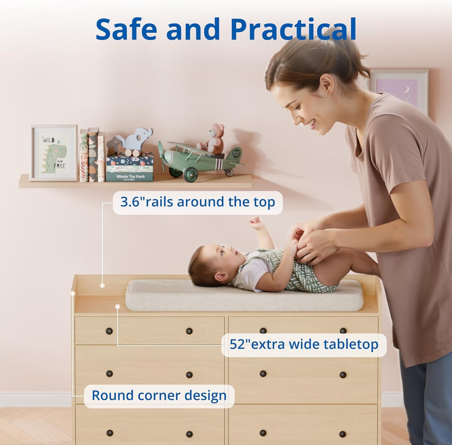 Cozy Castle Baby Dresser with 6 Drawers and Large Table Top, Multi-Functional Chest of Drawer, Drawer Dresser with Three-Sided High Rails for Nursery, Children's Room, Bedroom, Oak