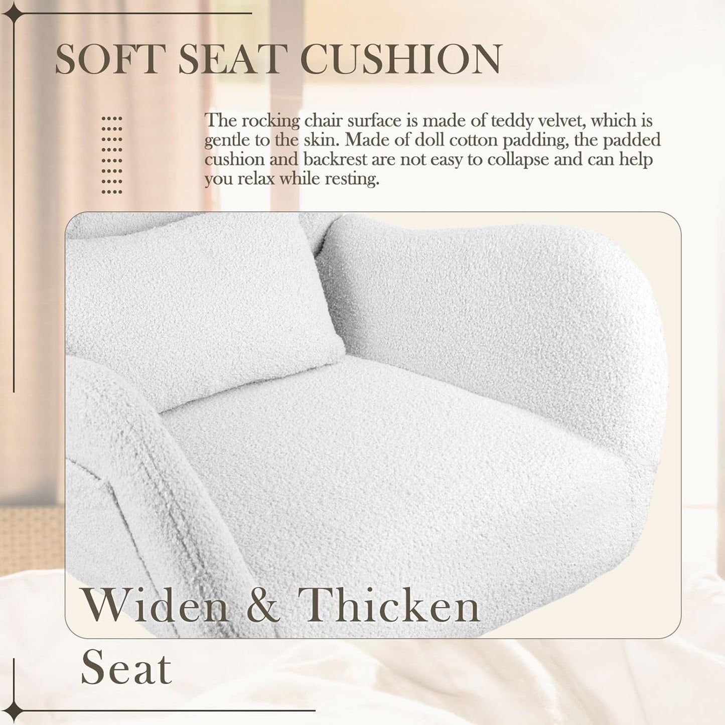 Waleaf Teddy Upholstered Rocking Chair, Indoor Glider with High Backrest, Padded Seat Nursing Chair for Bedroom (Ivory)