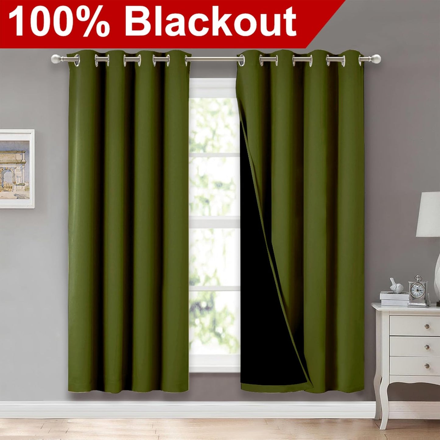 NICETOWN 100% Blackout Window Curtain Panels, Olive Green, 2 Pieces, 52-inch Wide Per Panel, Full Light Blocking Drapes with Black Liner for Nursery, 72-inch Drop Thermal Insulated Draperies