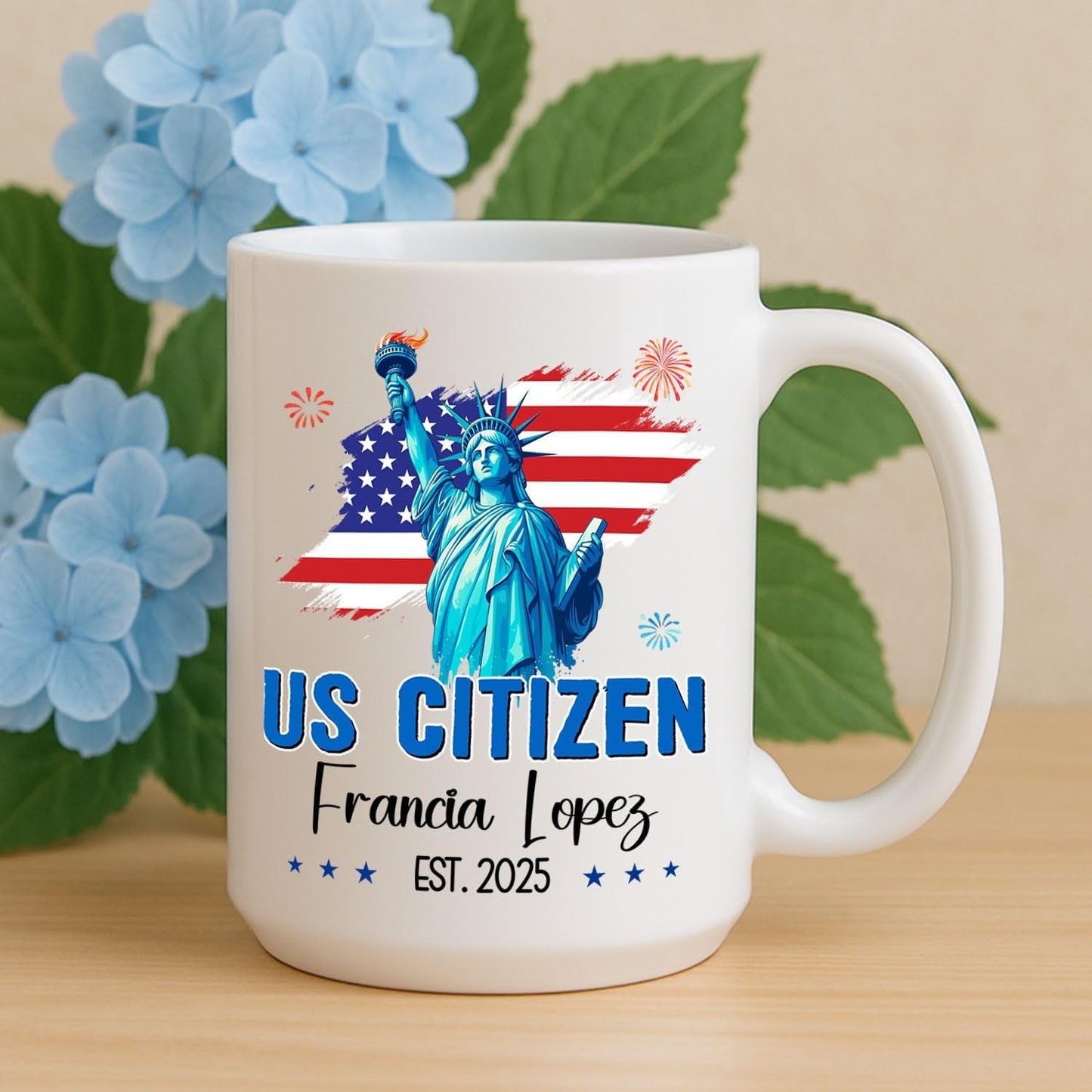 Personalized US Citizen Ceramic Coffee Mug 11Oz 15Oz, New American Citizen Naturalized and Caffeinated White Cup Gift, Customized Year & Name USA Citizenship Coffee Cup, American Flag Travel Teacup