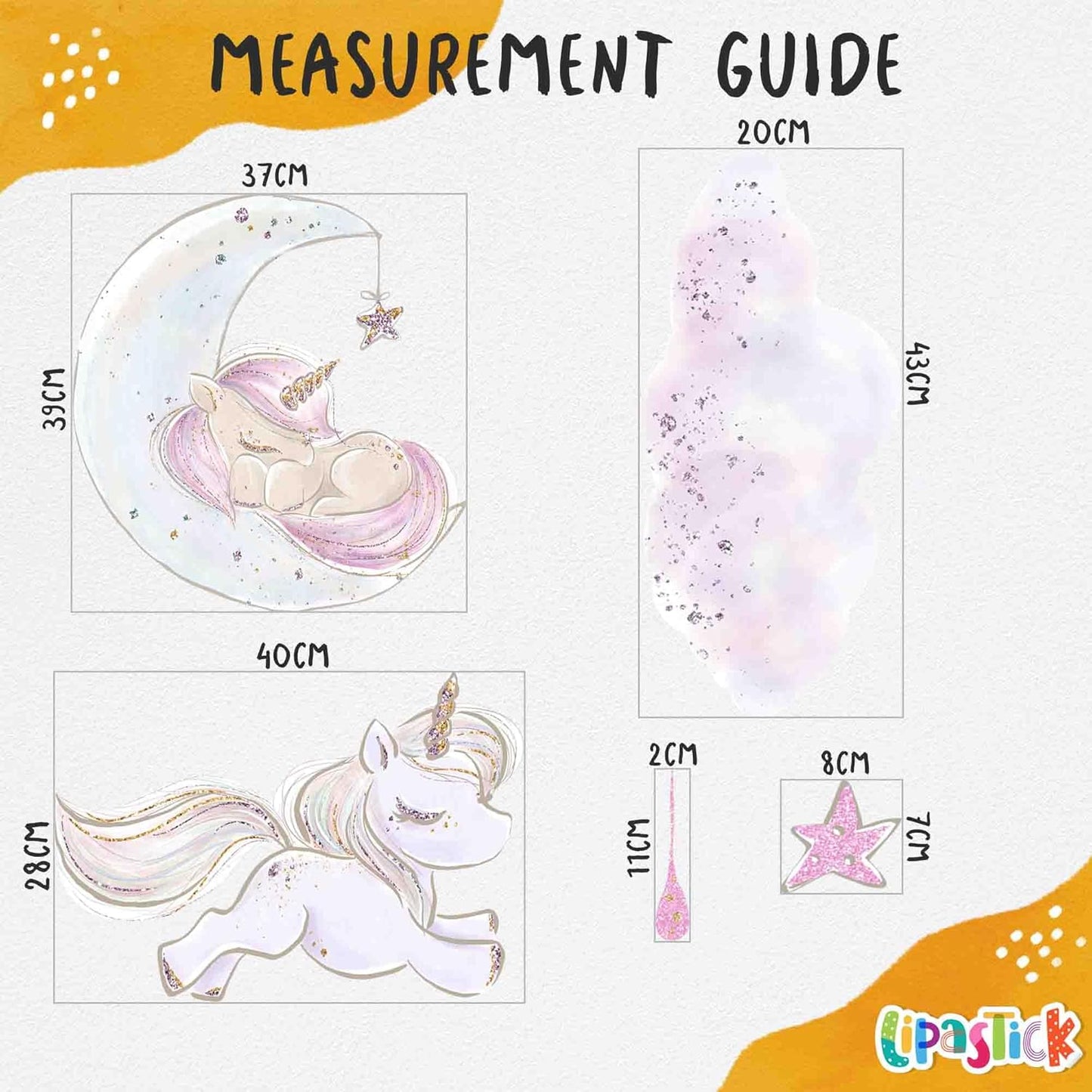 Unicorn Wall Decals by Lipastick - Vibrant Glitter Moon, Stars, Cloud Stickers for Girls Bedroom, Baby Nursery, Kids Room, Birthday Party Decor Art- Wall Stickers for Girls Room