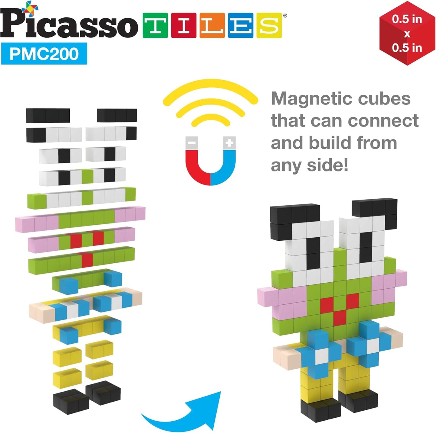 Picasso Cubes 0.5” Pixel Magnetic Puzzle Cube 200 Piece Mix & Match Sensory Toys STEAM Education Learning Building Block Magnets Children Construction Toy Set Stacking Magnet Creative Kit PMC200