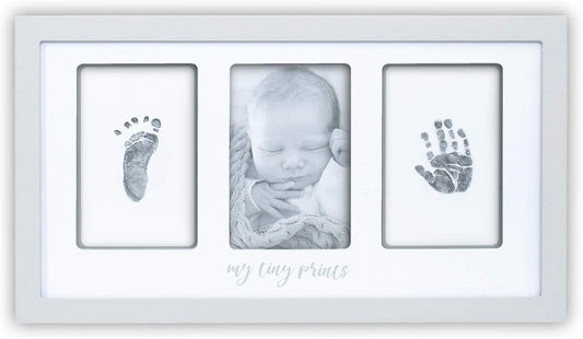 Felt Like Sharing My Tiny Prints Newborn Baby Handprint and Footprint Kit – Photo Keepsake Frame with Ink Pad for Baby Hand and Footprints – Great New Parent Present – 17” L x 9.5” H (Gray)