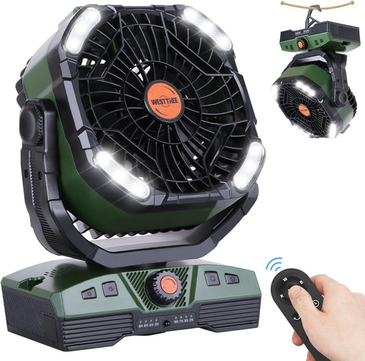 Camping Fan 20000mAh Rechargeable Battery Operated fan Outdoor Tent Fan with Light & Hook, knob Speeds, Personal USB Desk Fan for Camping, Power Outage Jobsite Green X68