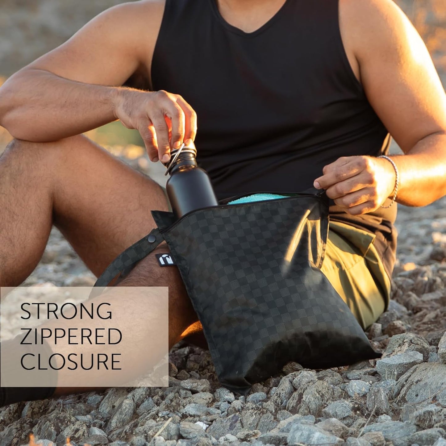 Bumkins Roamio - Waterproof Wet Bag - For Baby, Travel, Swim Suit, Cloth Diapers, Pump Parts, Pool, Gym, Toiletry, Strap to Stroller - Reusable & Easy to Clean - 2pk - Black Check & Off White