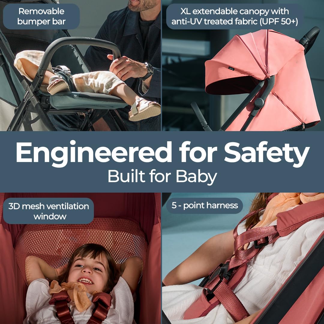 Inglesina Quid³ Stroller, Aurora Pink - Compact Reclining Travel Stroller for Baby & Toddler 0-55 lbs, One Hand fold, Car seat Compatible, Airplane Overhead, Lightweight, Foldable, XL UPF 50+ Canopy