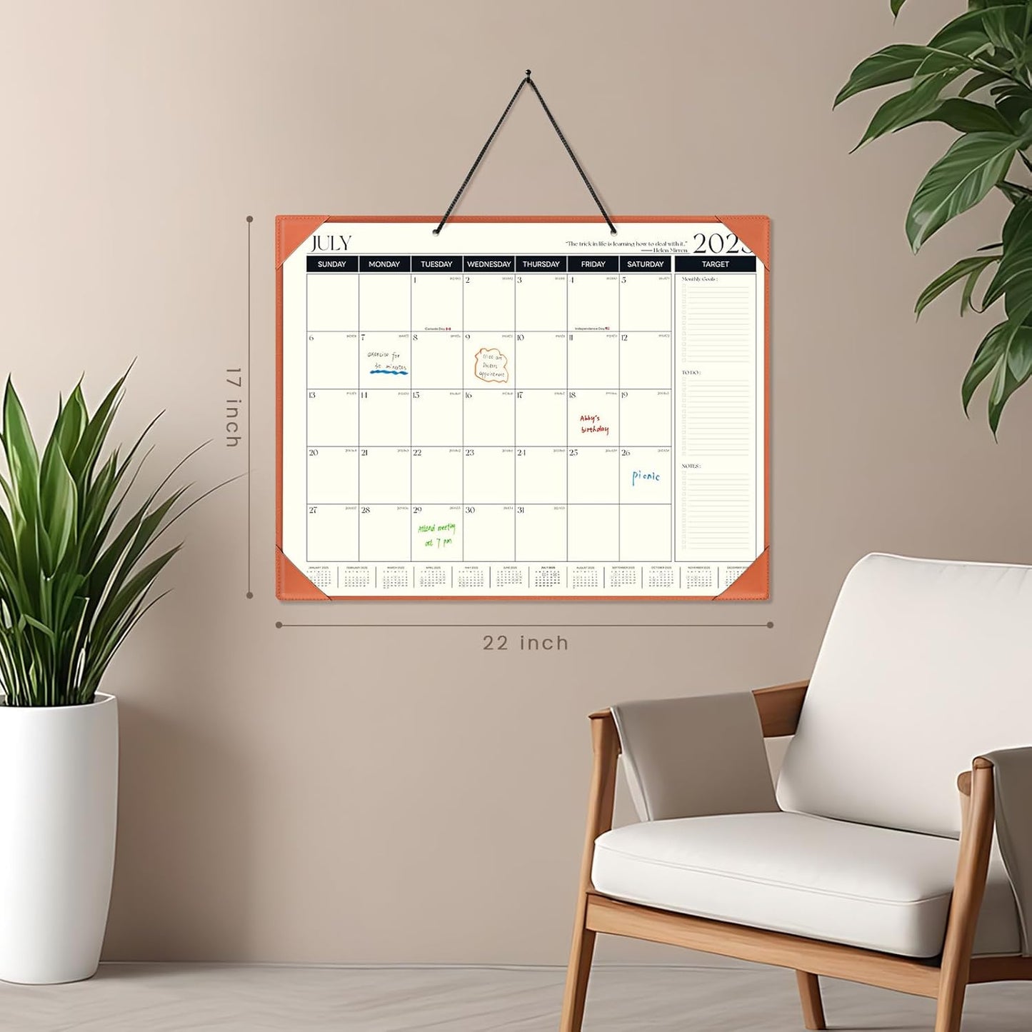 Ospelelf Large Desk Calendar 2025-2026 with Protective Cover, 18 Months Planner Pad from July 2025 to Dec 2026, 22" x 17" Wall Calendar with PU Leather Pad for Home or Office, Orange