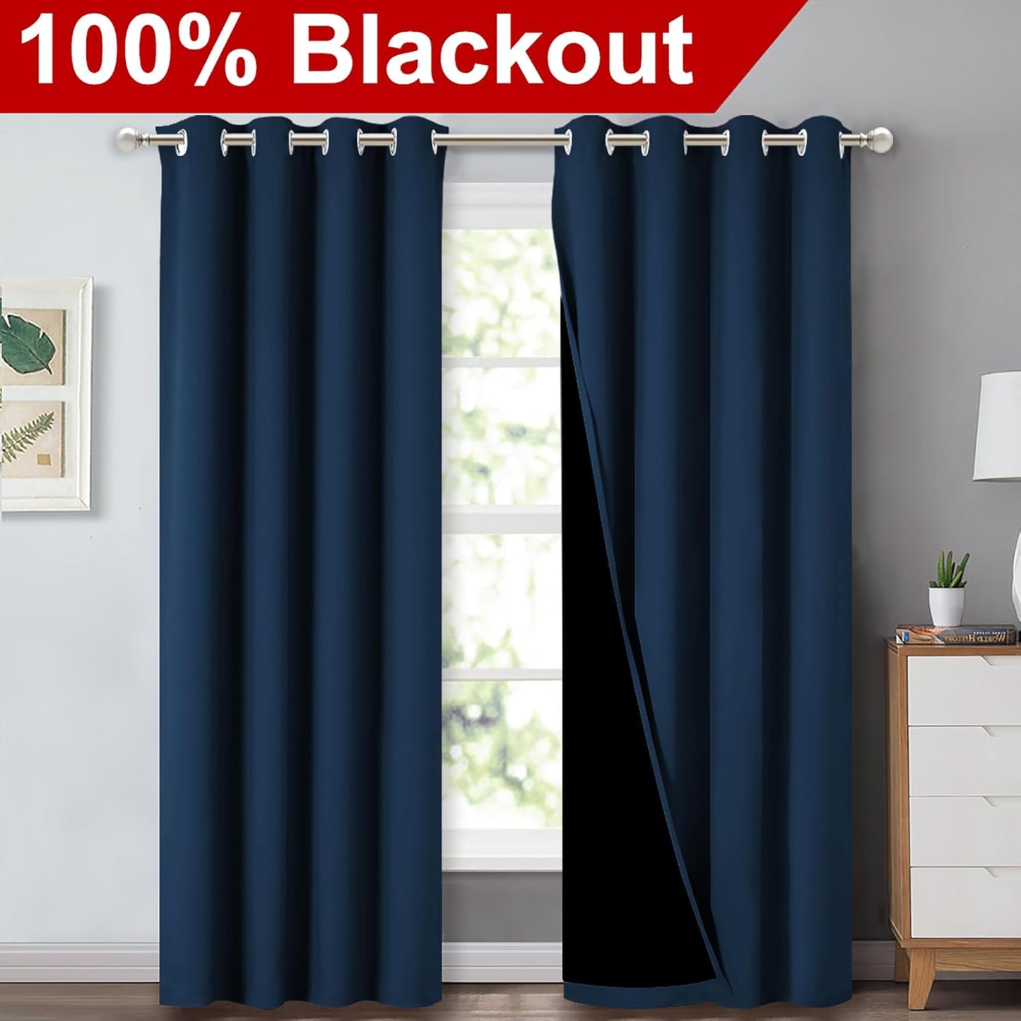 NICETOWN Full Shading Curtains 90" Long 2 Panels Set for Windows, Super Heavy-Duty Black Lined Blackout Curtains for Bedroom, Privacy Assured Window Treatment (Moroccan Blue, Pack of 2, 52" W)
